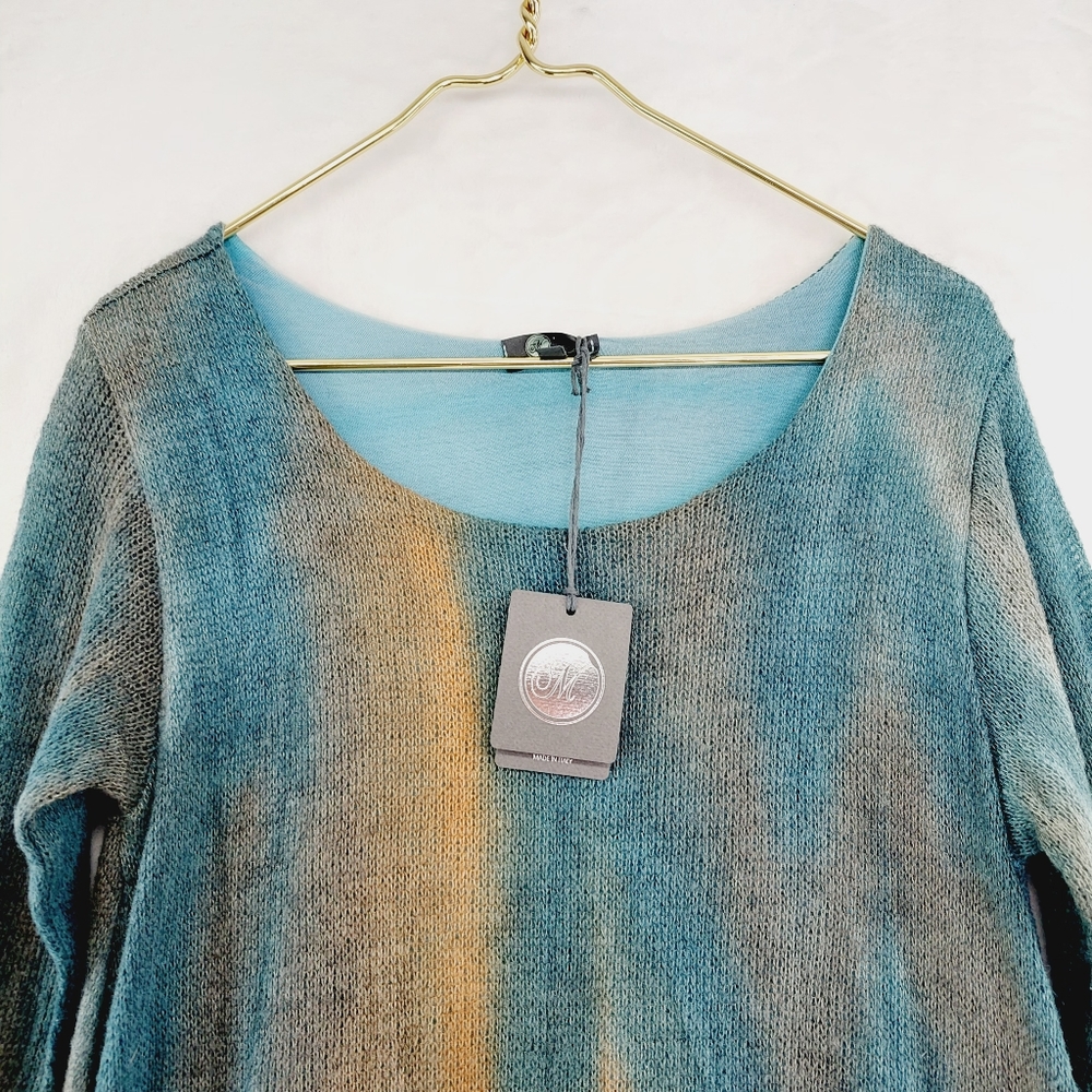 NWT Italian Knit Layered Tunic Scoop Neck Sequence Band Aqua Combo Top  Size L - Picture 2 of 8